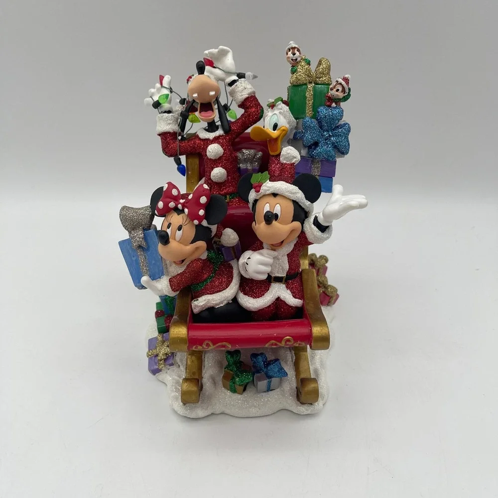 Disney Christmas Sleigh Figurine Mickey Minnie Donald Goofy Chip N Dale Glitter
